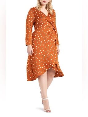 Eloquii - Polka Dot Wrap Midi Dress - Rust